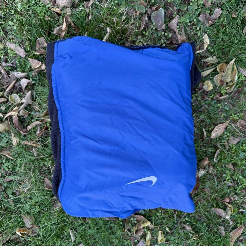 Vtg 90s Nike Black‎ Fleece Blanket Blue Pocket Swoosh Travel Camping Outdoor